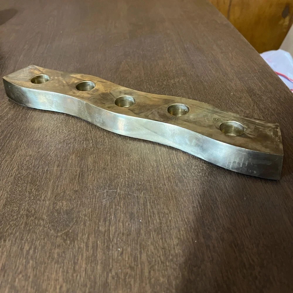 CRATE & BARREL Heavy Brass Colored Wavy Centerpiece Tapered Candle Holder 13